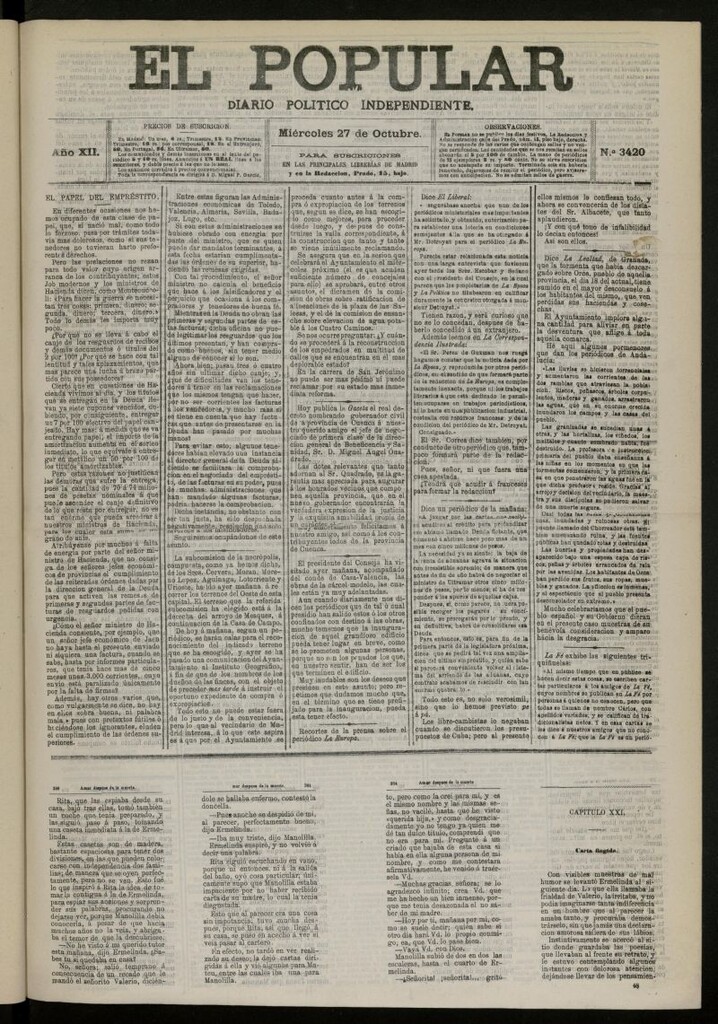 Miniatura de El Popular: diario independiente, político, literario y de noticias de interés general del 27 de octubre de 1880, nº 3420