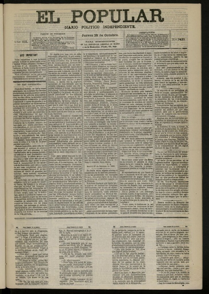 Miniatura de El Popular: diario independiente, político, literario y de noticias de interés general del 28 de octubre de 1880, nº 3421