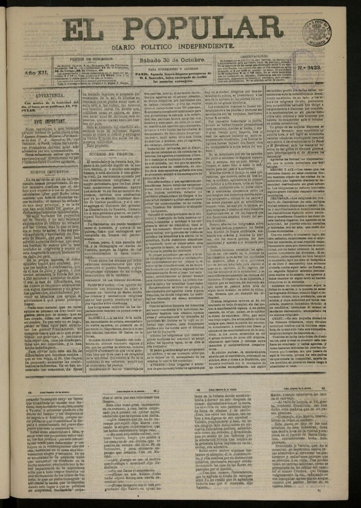 Miniatura de El Popular: diario independiente, político, literario y de noticias de interés general del 30 de octubre de 1880, nº 3423