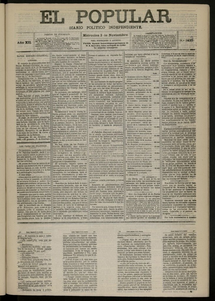 Miniatura de El Popular: diario independiente, político, literario y de noticias de interés general del 3 de noviembre de 1880, nº 3425 [sic]