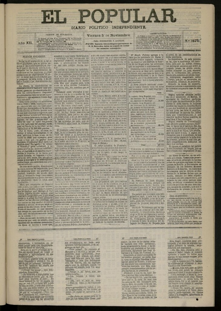 Miniatura de El Popular: diario independiente, político, literario y de noticias de interés general del 5 de noviembre de 1880, nº 3427 [sic]