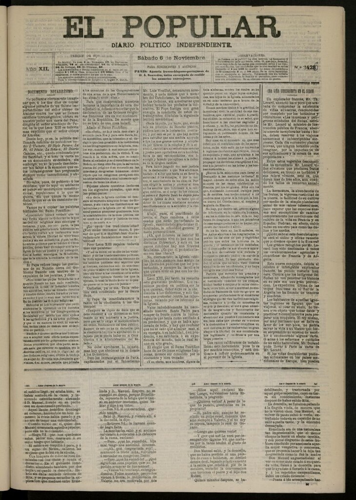 Miniatura de El Popular: diario independiente, político, literario y de noticias de interés general del 6 de noviembre de 1880, nº 3428 [sic]