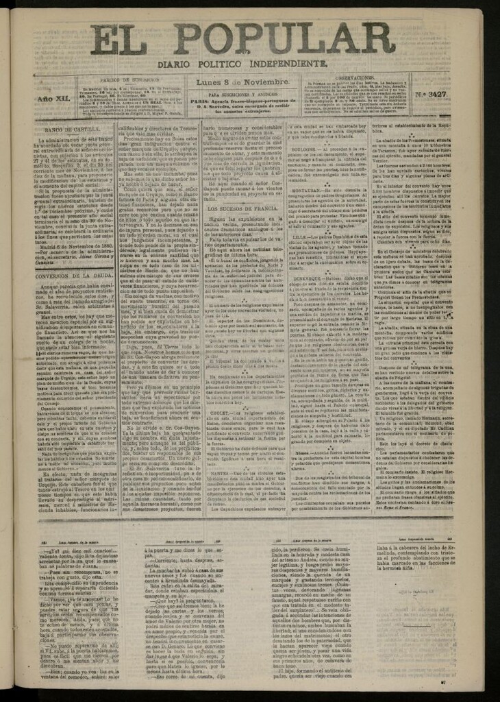 Miniatura de El Popular: diario independiente, político, literario y de noticias de interés general del 8 de noviembre de 1880, nº 3427