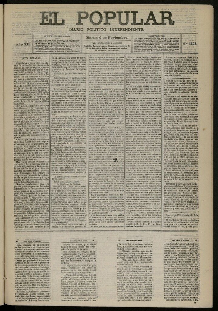Miniatura de El Popular: diario independiente, político, literario y de noticias de interés general del 9 de noviembre de 1880, nº 3428