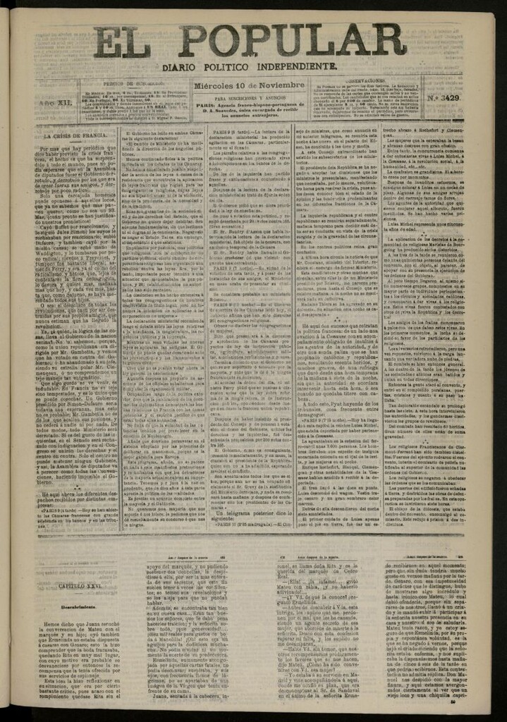 Miniatura de El Popular: diario independiente, político, literario y de noticias de interés general del 10 de noviembre de 1880, nº 3429