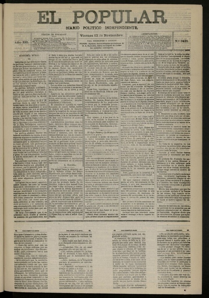 Miniatura de El Popular: diario independiente, político, literario y de noticias de interés general del 12 de noviembre de 1880, nº 3431