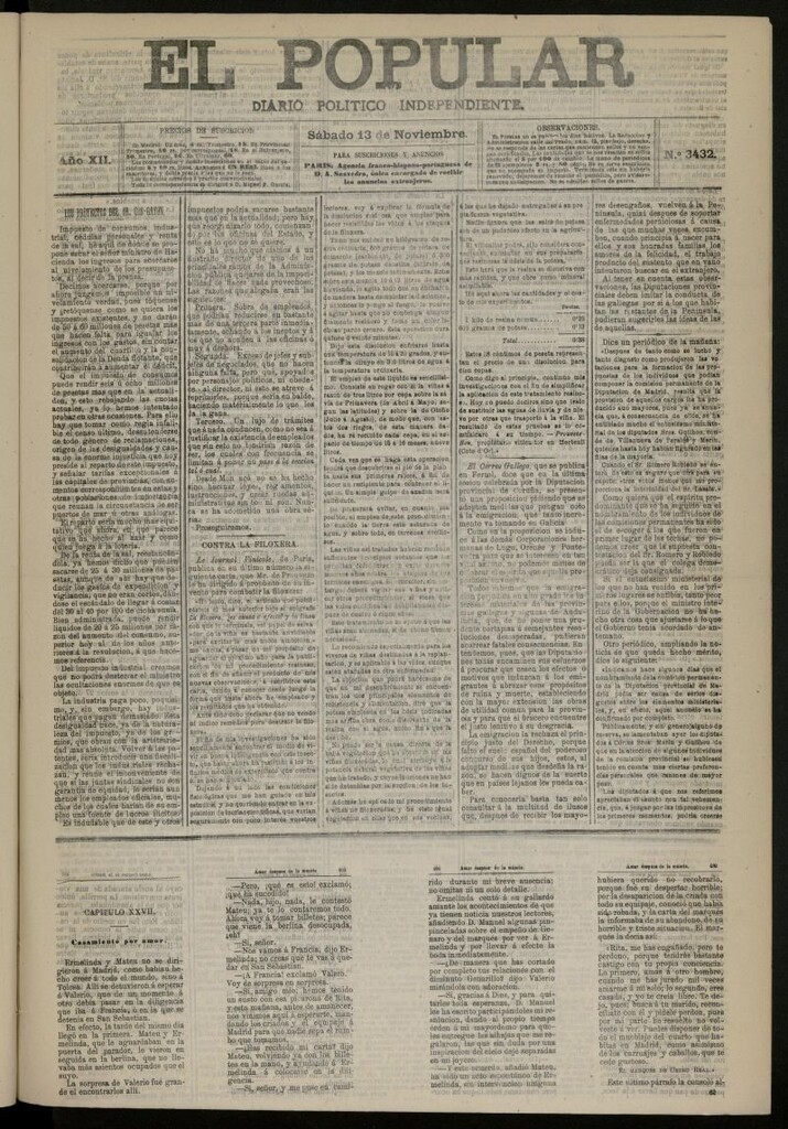 Miniatura de El Popular: diario independiente, político, literario y de noticias de interés general del 13 de noviembre de 1880, nº 3432