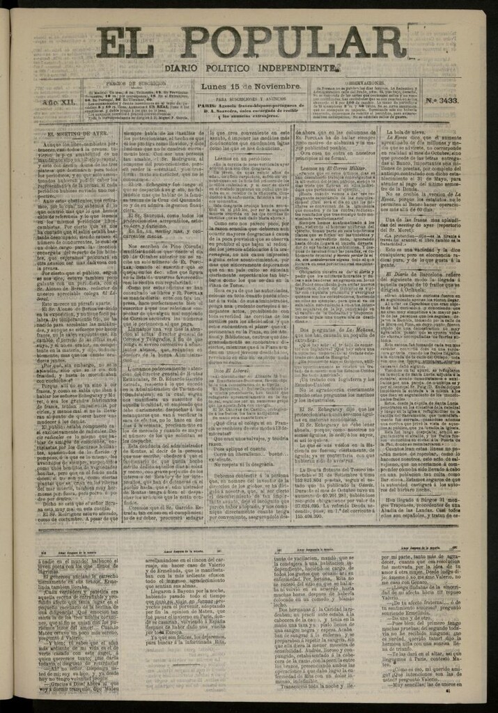 Miniatura de El Popular: diario independiente, político, literario y de noticias de interés general del 15 de noviembre de 1880, nº 3433