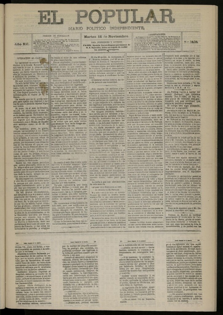 Miniatura de El Popular: diario independiente, político, literario y de noticias de interés general del 16 de noviembre de 1880, nº 3434