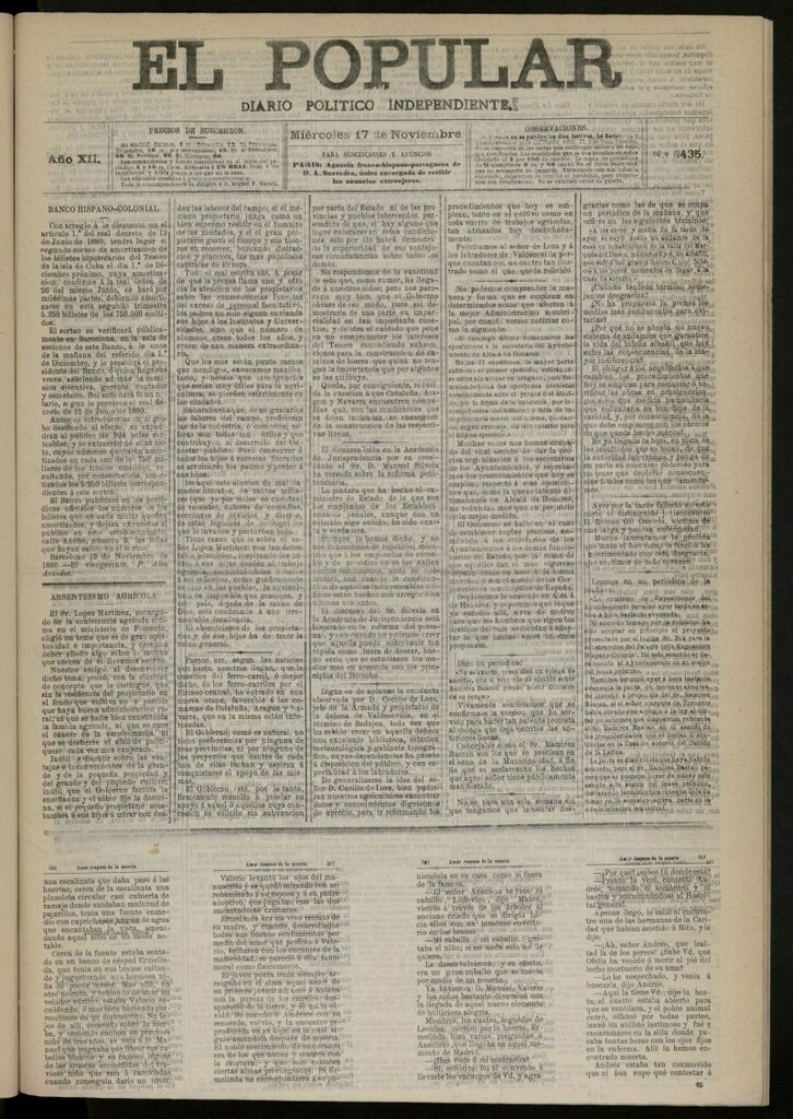 Miniatura de El Popular: diario independiente, político, literario y de noticias de interés general del 17 de noviembre de 1880, nº 3435