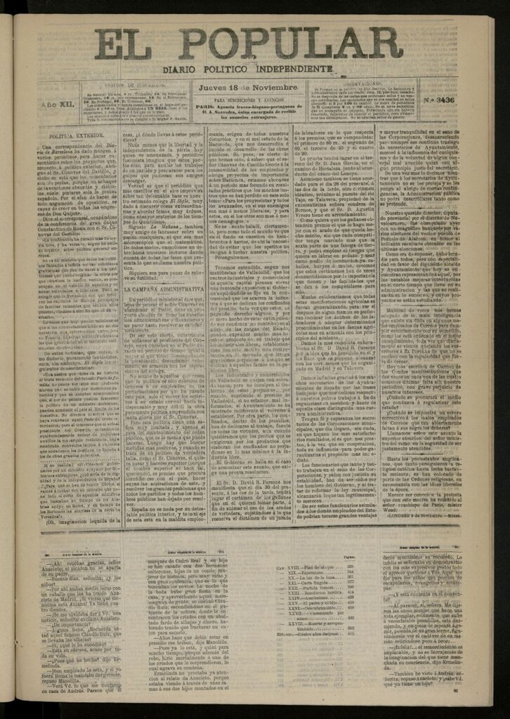Miniatura de El Popular: diario independiente, político, literario y de noticias de interés general del 18 de noviembre de 1880, nº 3436