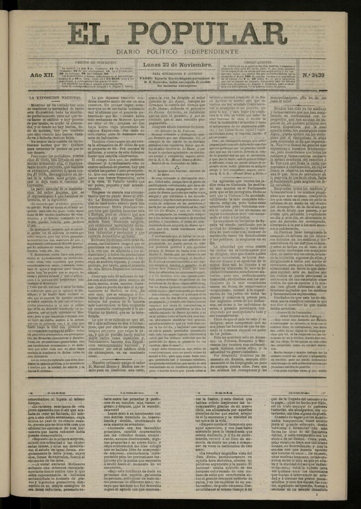 Miniatura de El Popular: diario independiente, político, literario y de noticias de interés general del 22 de noviembre de 1880, nº 3439