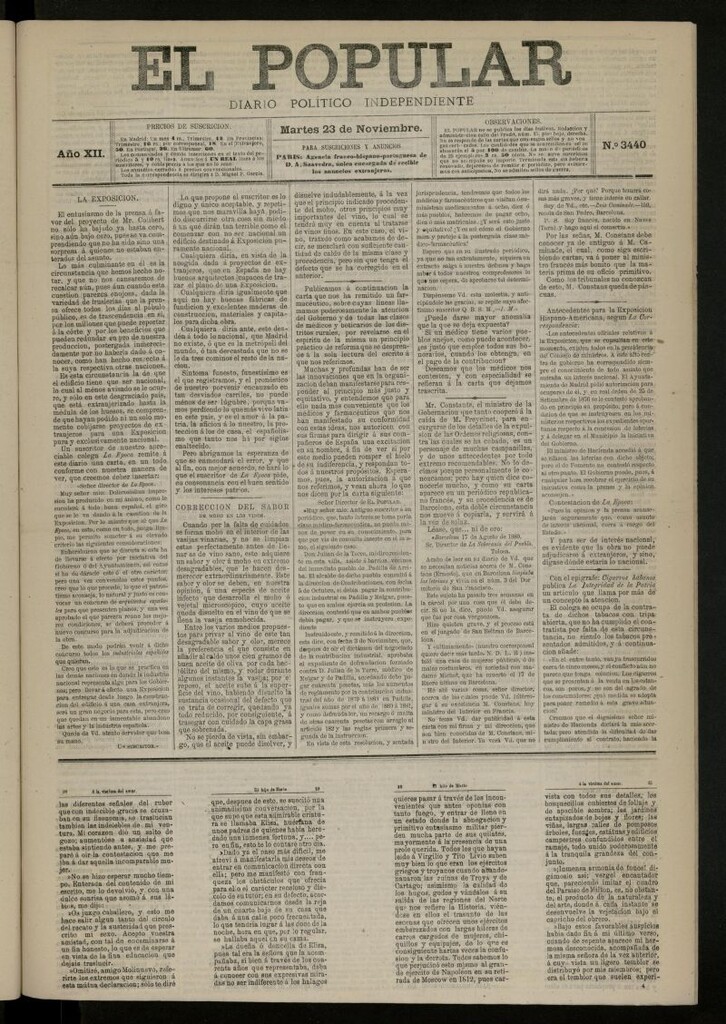 Miniatura de El Popular: diario independiente, político, literario y de noticias de interés general del 23 de noviembre de 1880, nº 3440