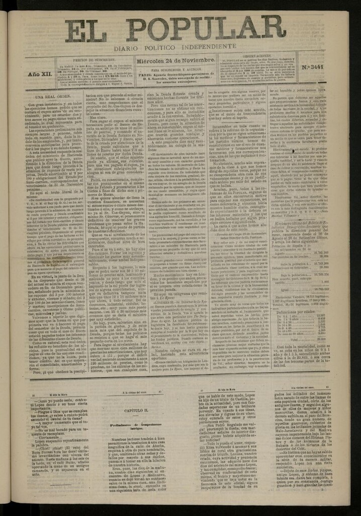 Miniatura de El Popular: diario independiente, político, literario y de noticias de interés general del 24 de noviembre de 1880, nº 3441