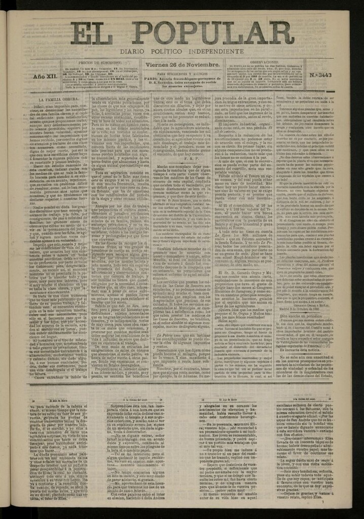 Miniatura de El Popular: diario independiente, político, literario y de noticias de interés general del 26 de noviembre de 1880, nº 3443