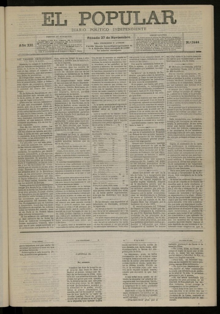 Miniatura de El Popular: diario independiente, político, literario y de noticias de interés general del 27 de noviembre de 1880, nº 3444