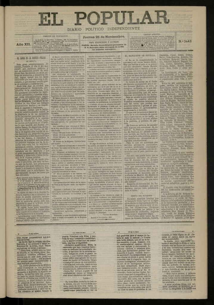 Miniatura de El Popular: diario independiente, político, literario y de noticias de interés general del 25 de noviembre de 1880, nº 3442