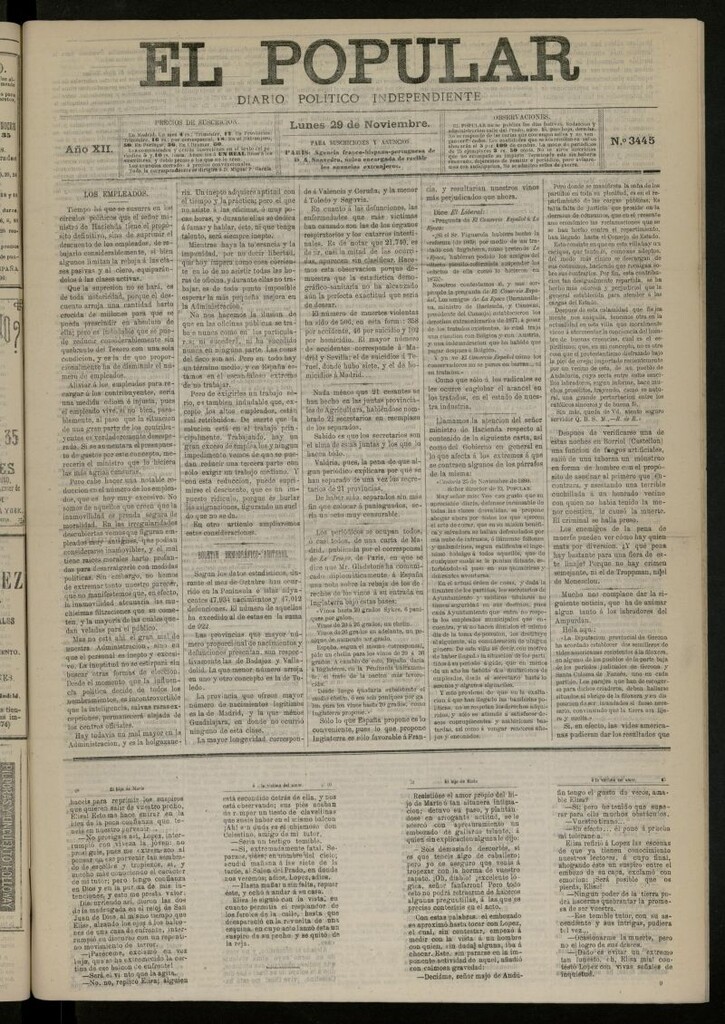 Miniatura de El Popular: diario independiente, político, literario y de noticias de interés general del 29 de noviembre de 1880, nº 3445