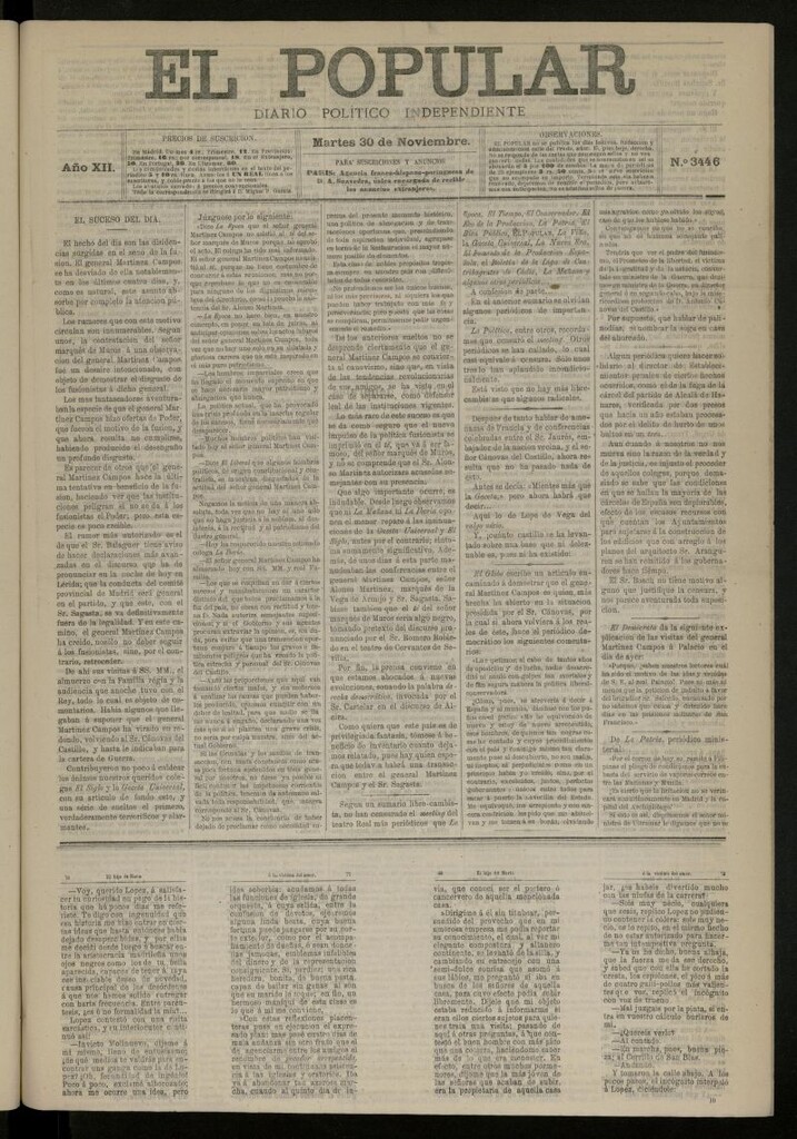 Miniatura de El Popular: diario independiente, político, literario y de noticias de interés general del 30 de noviembre de 1880, nº 3446