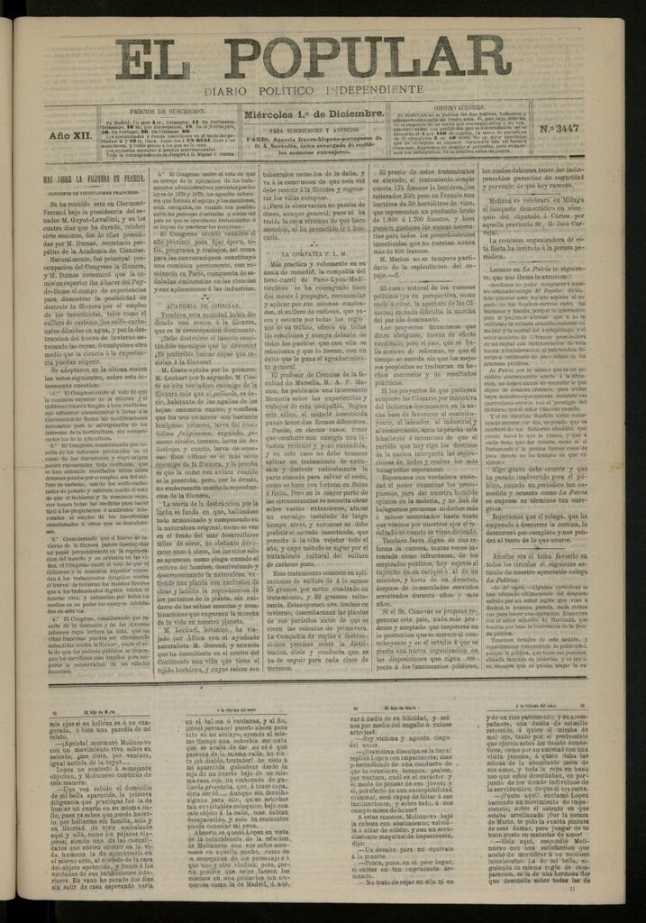 Miniatura de El Popular: diario independiente, político, literario y de noticias de interés general del 1 de diciembre de 1880, nº 3447