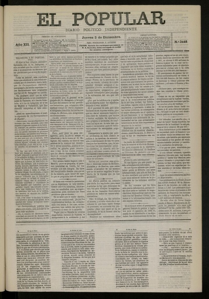 Miniatura de El Popular: diario independiente, político, literario y de noticias de interés general del 2 de diciembre de 1880, nº 3448