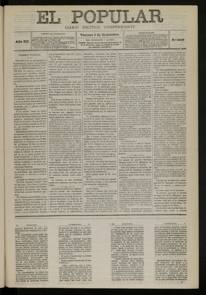 Miniatura de El Popular: diario independiente, político, literario y de noticias de interés general del 3 de diciembre de 1880, nº 3449