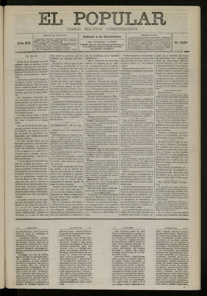 Miniatura de El Popular: diario independiente, político, literario y de noticias de interés general del 4 de diciembre de 1880, nº 3450