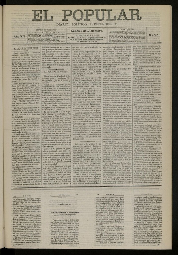 Miniatura de El Popular: diario independiente, político, literario y de noticias de interés general del 6 de diciembre de 1880, nº 3451