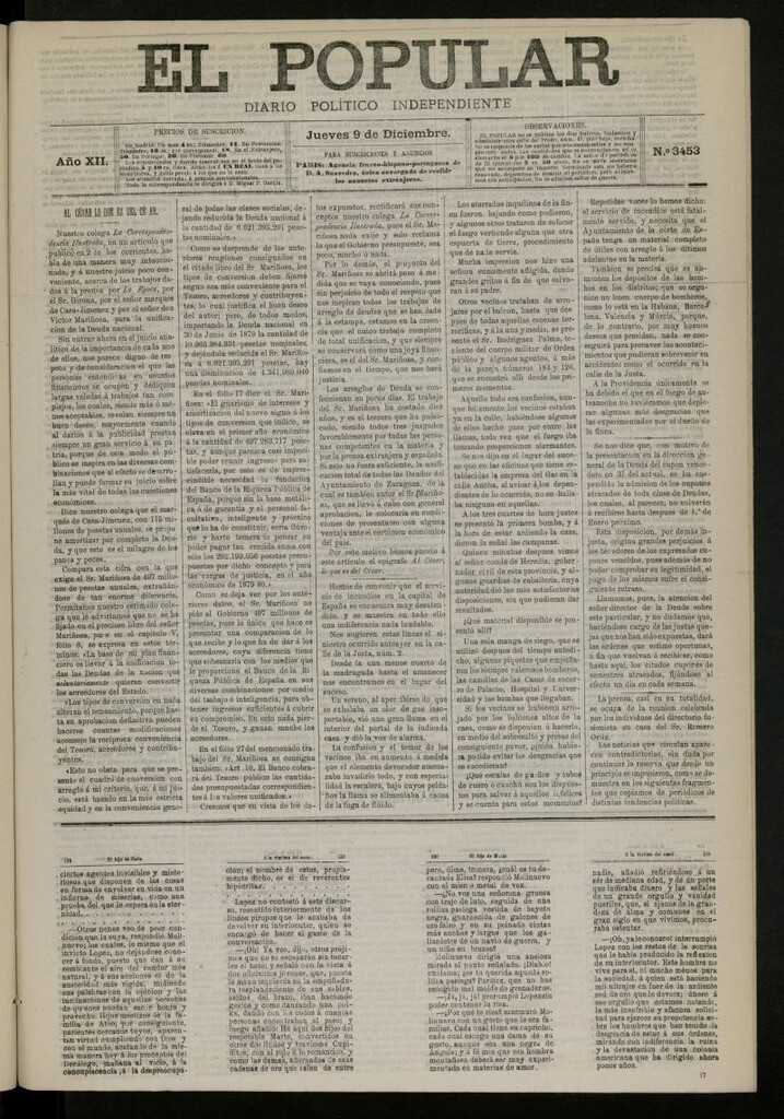 Miniatura de El Popular: diario independiente, político, literario y de noticias de interés general del 9 de diciembre de 1880, nº 3453