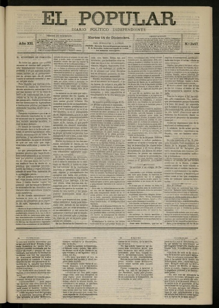 Miniatura de El Popular: diario independiente, político, literario y de noticias de interés general del 14 de diciembre de 1880, nº 3457