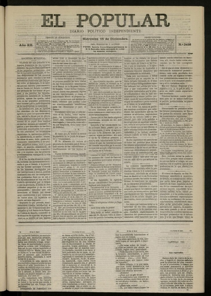 Miniatura de El Popular: diario independiente, político, literario y de noticias de interés general del 15 de diciembre de 1880, nº 3458
