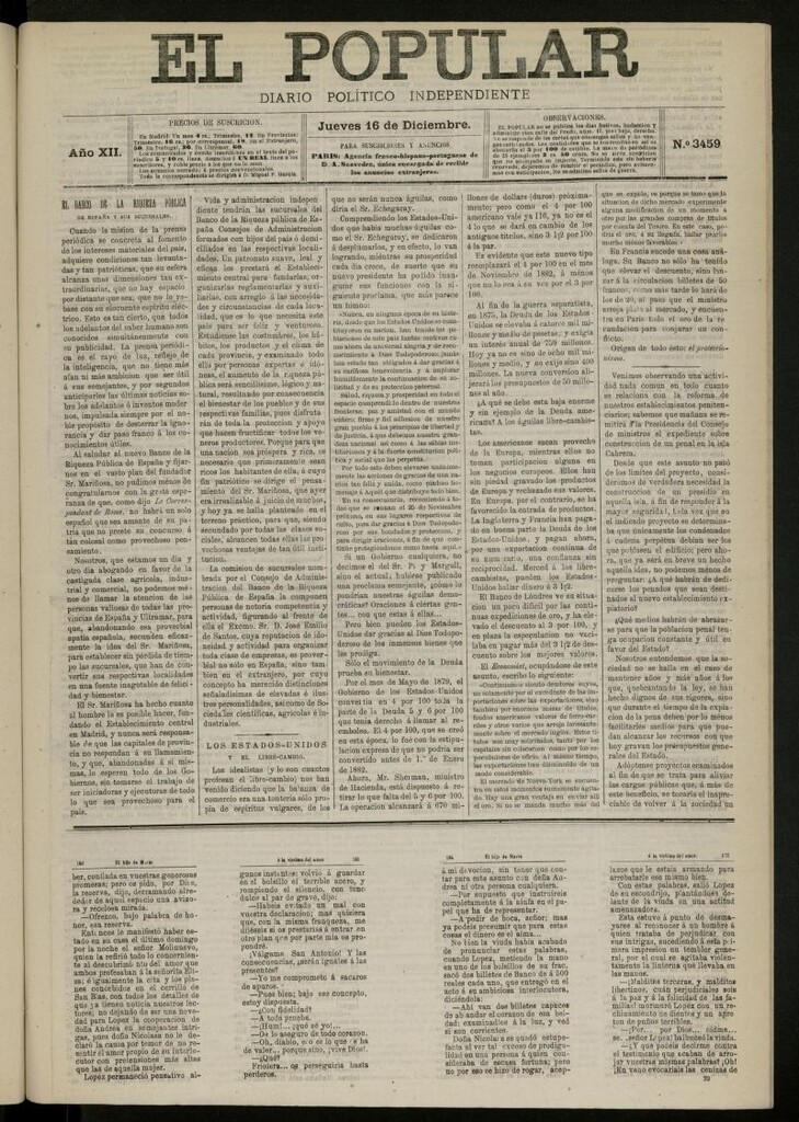 Miniatura de El Popular: diario independiente, político, literario y de noticias de interés general del 16 de diciembre de 1880, nº 3459