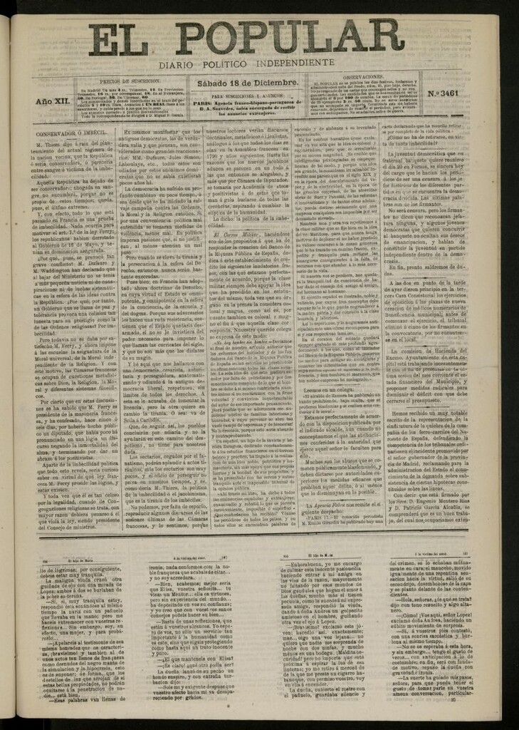 Miniatura de El Popular: diario independiente, político, literario y de noticias de interés general del 18 de diciembre de 1880, nº 3461