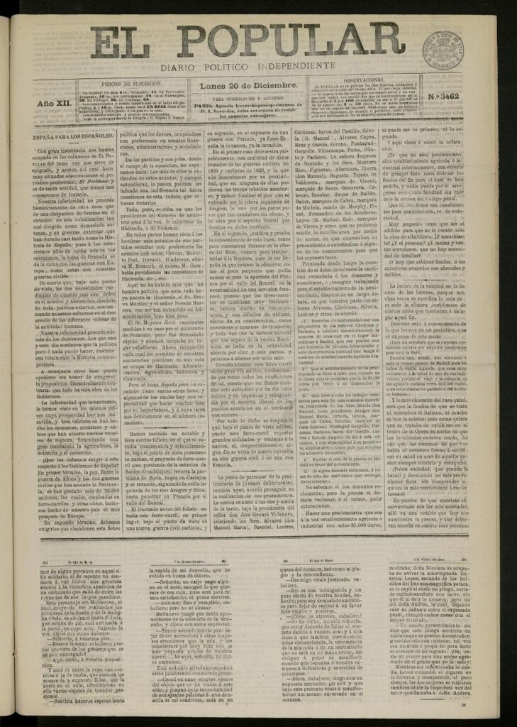 Miniatura de El Popular: diario independiente, político, literario y de noticias de interés general del 20 de diciembre de 1880, nº 3462
