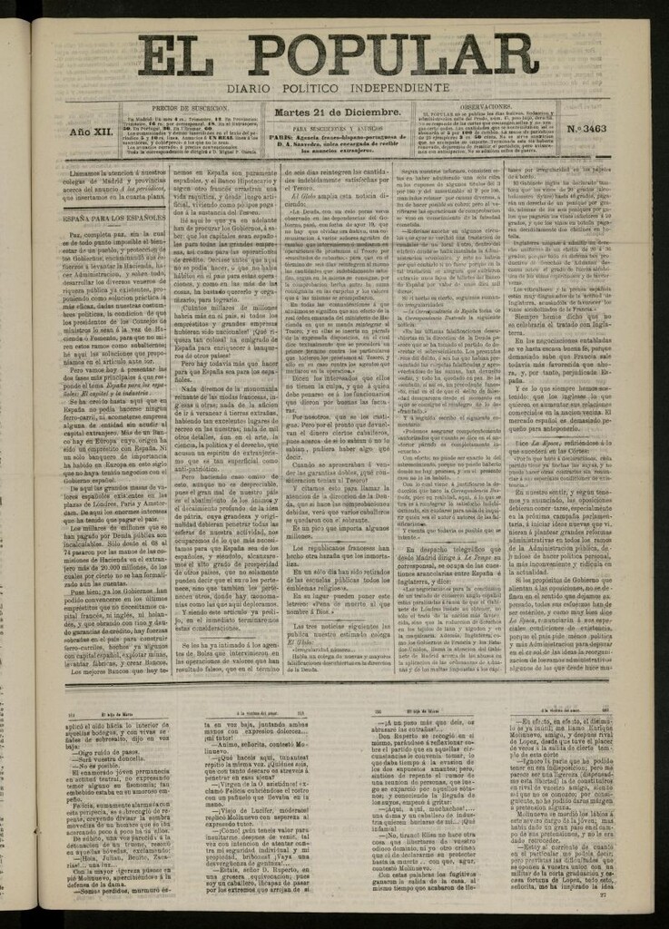 Miniatura de El Popular: diario independiente, político, literario y de noticias de interés general del 21 de diciembre de 1880, nº 3463