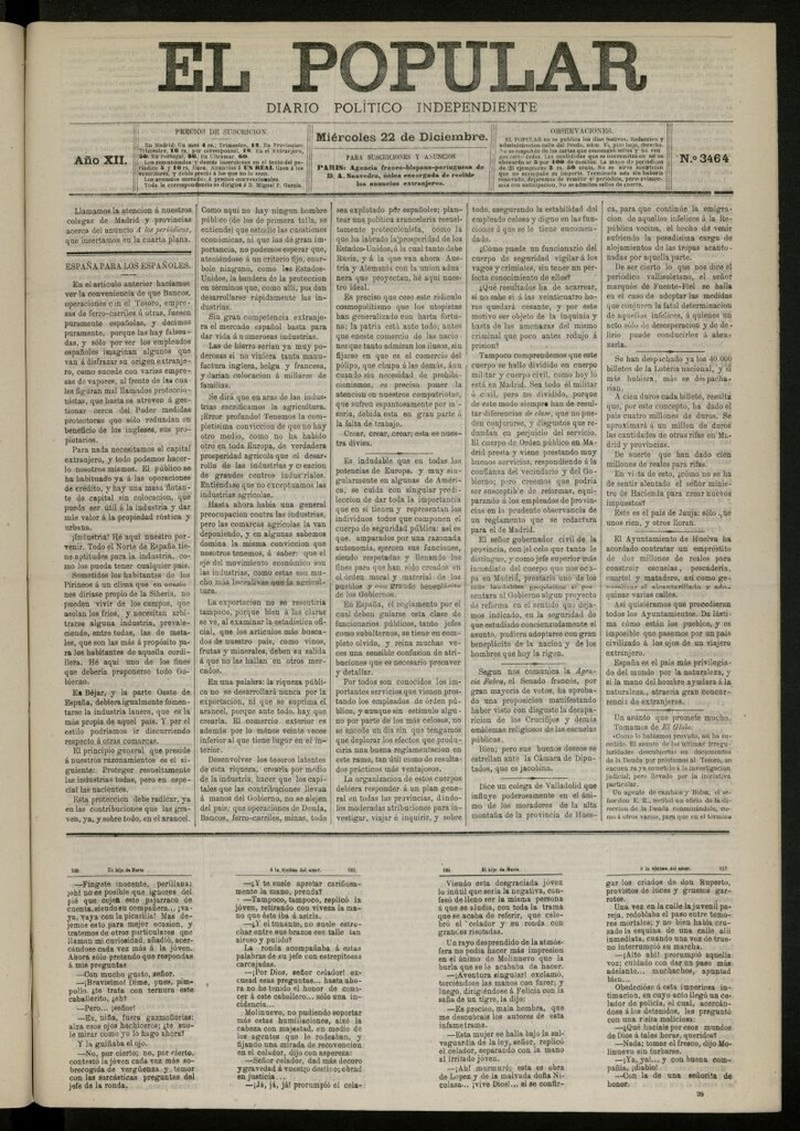 Miniatura de El Popular: diario independiente, político, literario y de noticias de interés general del 22 de diciembre de 1880, nº 3464