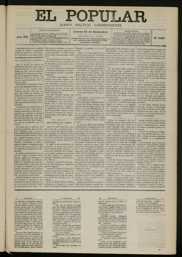 Miniatura de El Popular: diario independiente, político, literario y de noticias de interés general del 23 de diciembre de 1880, nº 3465