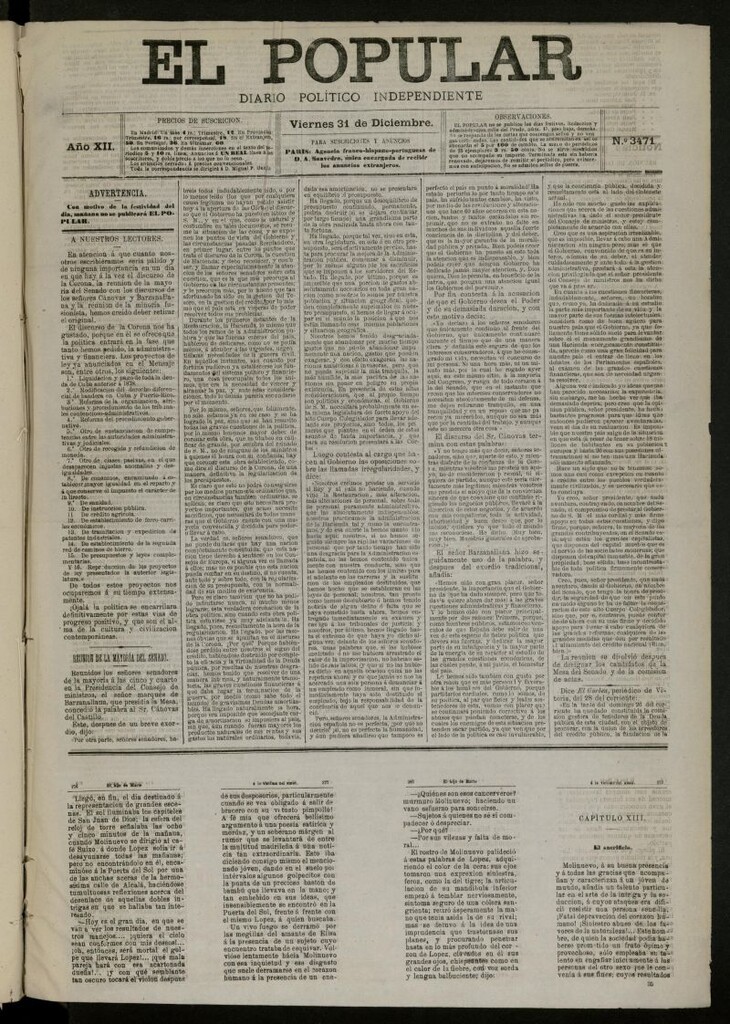 Miniatura de El Popular: diario independiente, político, literario y de noticias de interés general del 31 de diciembre de 1880, nº 3471