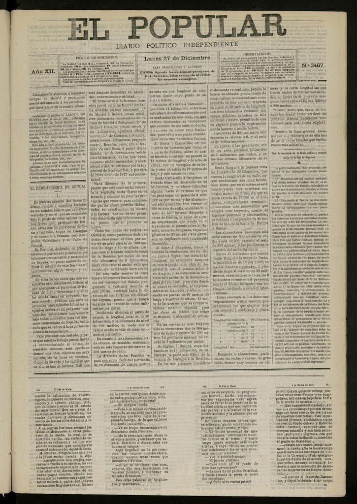 Miniatura de El Popular: diario independiente, político, literario y de noticias de interés general del 27 de diciembre de 1880, nº 3467
