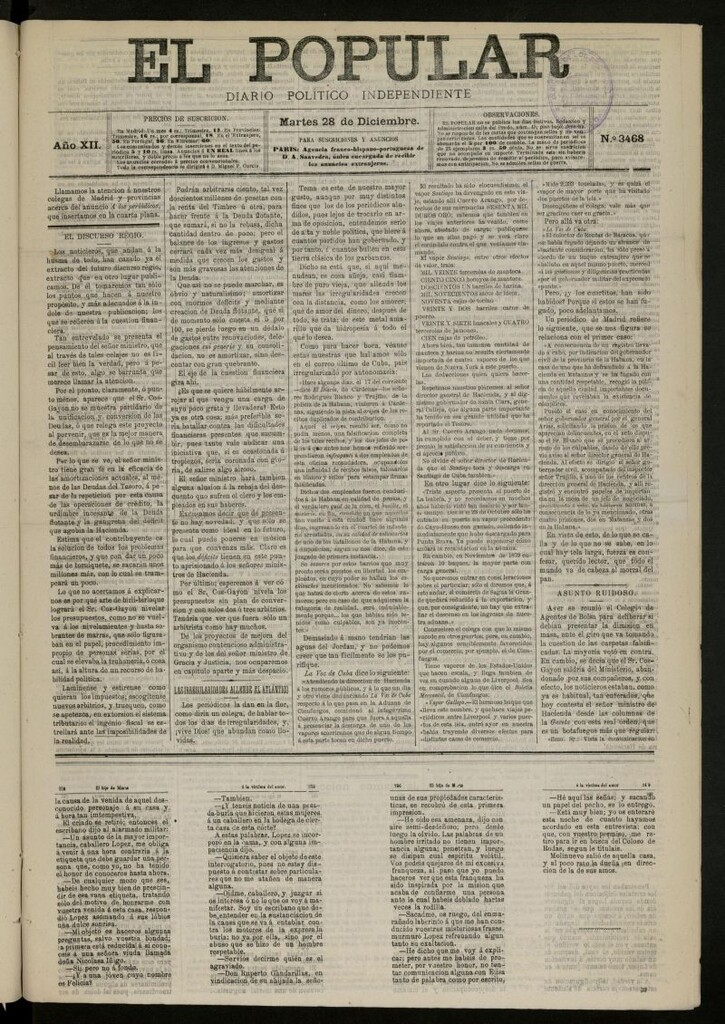 Miniatura de El Popular: diario independiente, político, literario y de noticias de interés general del 28 de diciembre de 1880, nº 3468