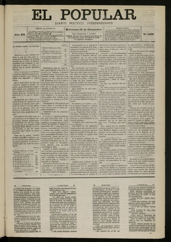 Miniatura de El Popular: diario independiente, político, literario y de noticias de interés general del 29 de diciembre de 1880, nº 3469