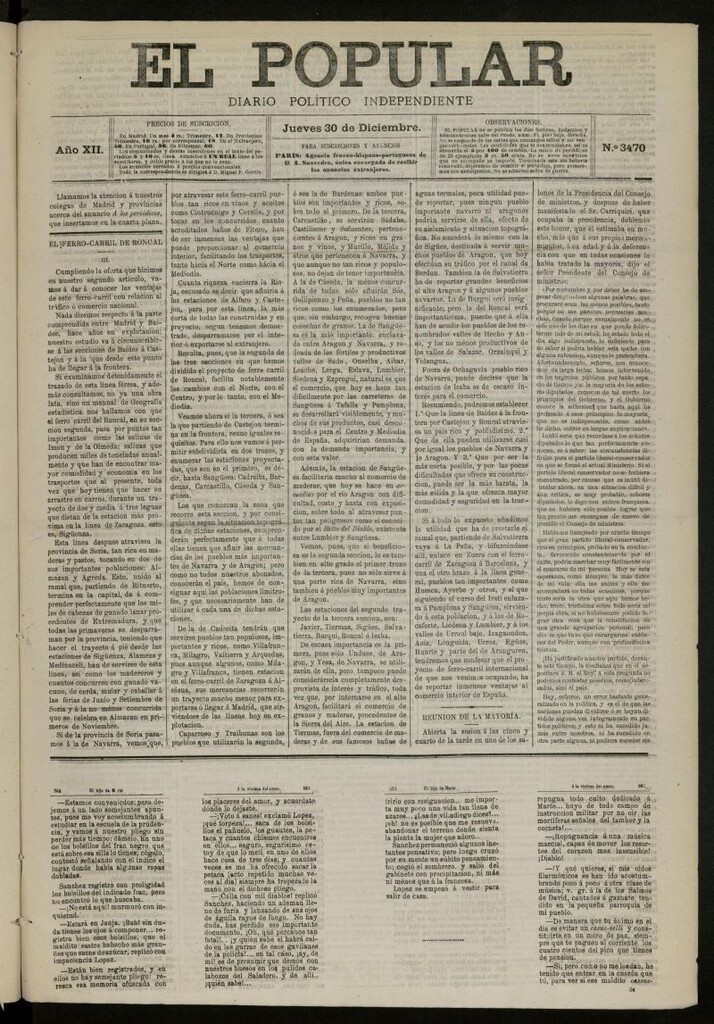 Miniatura de El Popular: diario independiente, político, literario y de noticias de interés general del 30 de diciembre de 1880, nº 3470