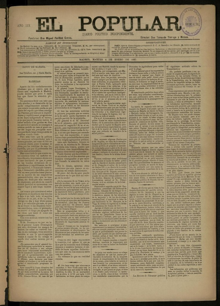 Miniatura de El Popular: diario independiente, político, literario y de noticias de interés general del 4 de enero de 1887, nº 6767