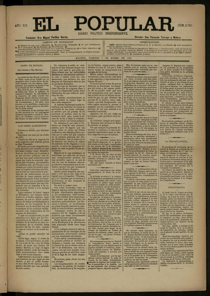 Miniatura de El Popular: diario independiente, político, literario y de noticias de interés general del 7 de enero de 1887, nº 6769