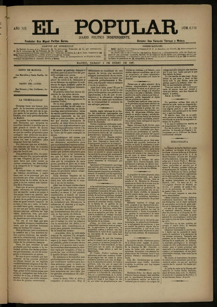 Miniatura de El Popular: diario independiente, político, literario y de noticias de interés general del 8 de enero de 1887, nº 6770