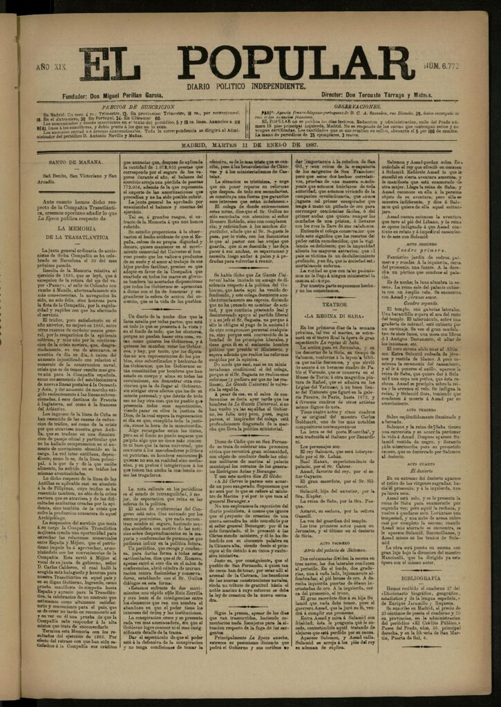Miniatura de El Popular: diario independiente, político, literario y de noticias de interés general del 11 de enero de 1887, nº 6772
