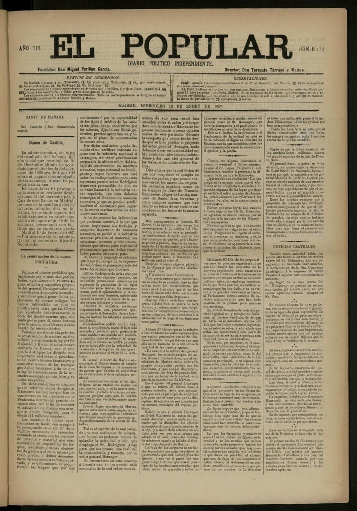 Miniatura de El Popular: diario independiente, político, literario y de noticias de interés general del 12 de enero de 1887, nº 6773