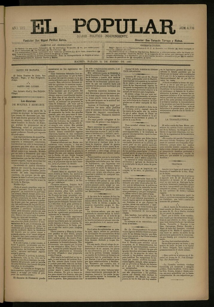 Miniatura de El Popular: diario independiente, político, literario y de noticias de interés general del 15 de enero de 1887, nº 6776