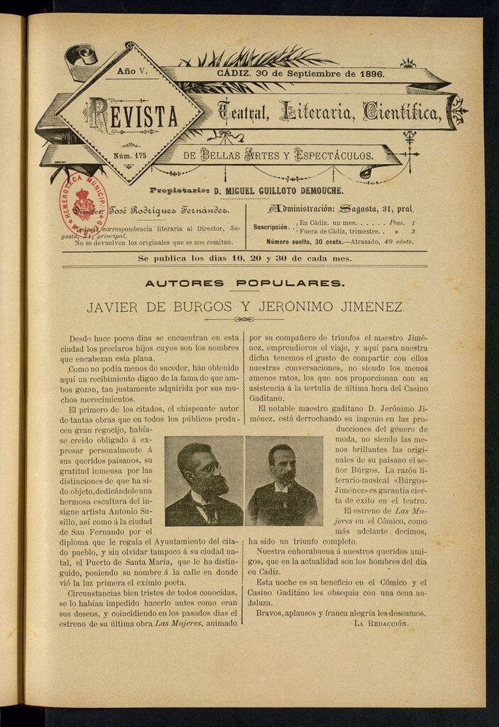 Miniatura de Revista Teatral, Literaria, Científica, de Bellas Artes y Espectáculos. Nº 175