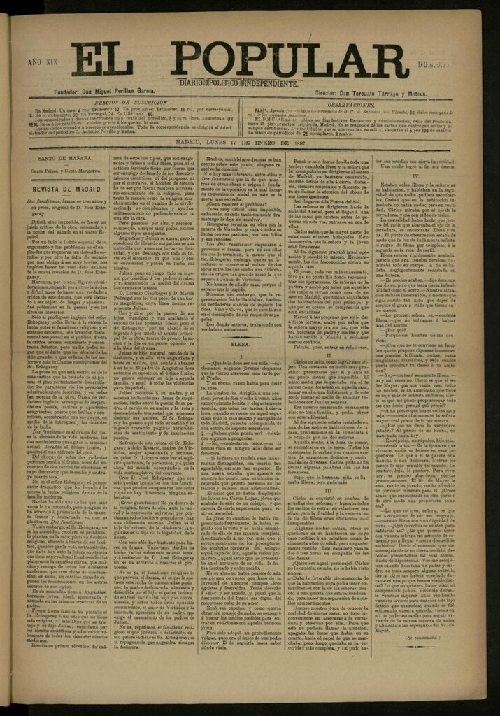 Miniatura de El Popular: diario independiente, político, literario y de noticias de interés general del 17 de enero de 1887, nº 6777